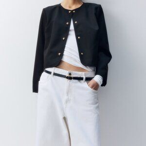 H&M Cropped Structured Black Blazer with Gold Snaps NWT